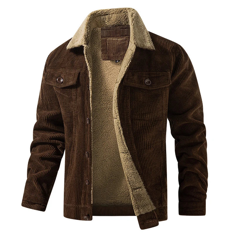 Men's brown corduroy collared fleece jacket cozy casual layer with textured collar detail