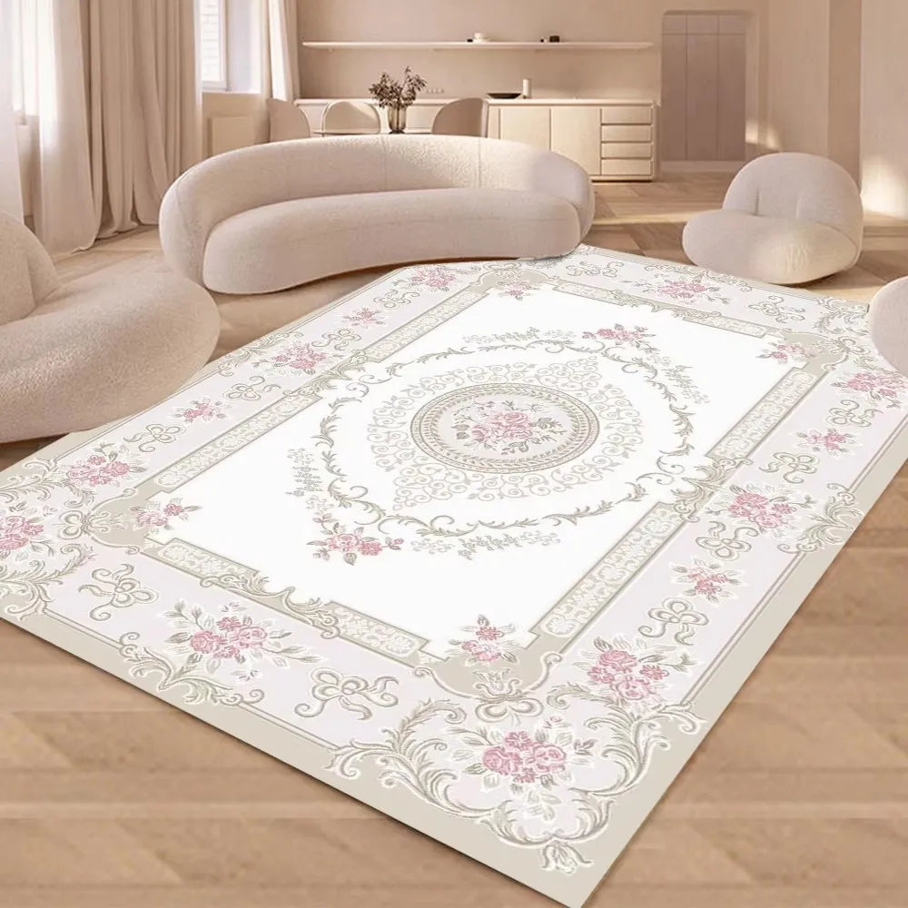 European luxury floral area rug in soft flannel, non-slip large floor mat for living room bedroom