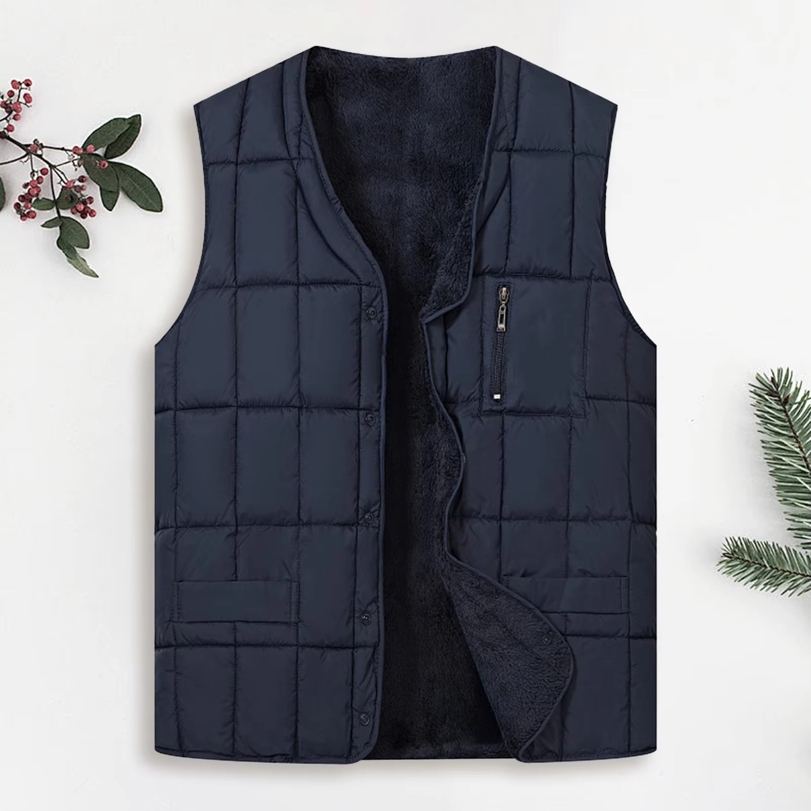 Men's lightweight padded V-neck vest with side pockets, slim fit waistcoat for casual office wear