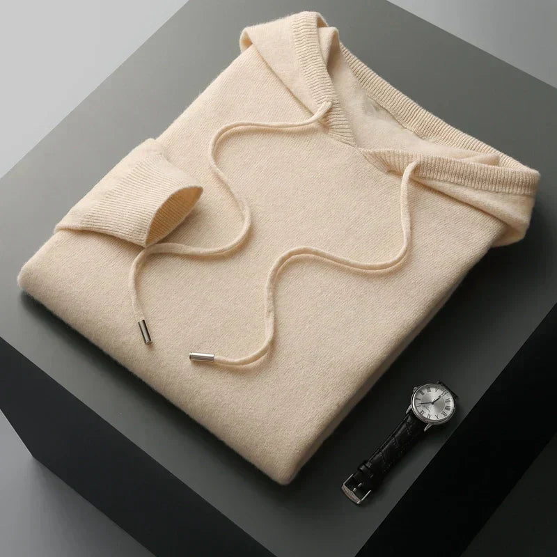 Men's 100% cashmere hoodie classic fit soft luxury knit everyday wear relaxed silhouette