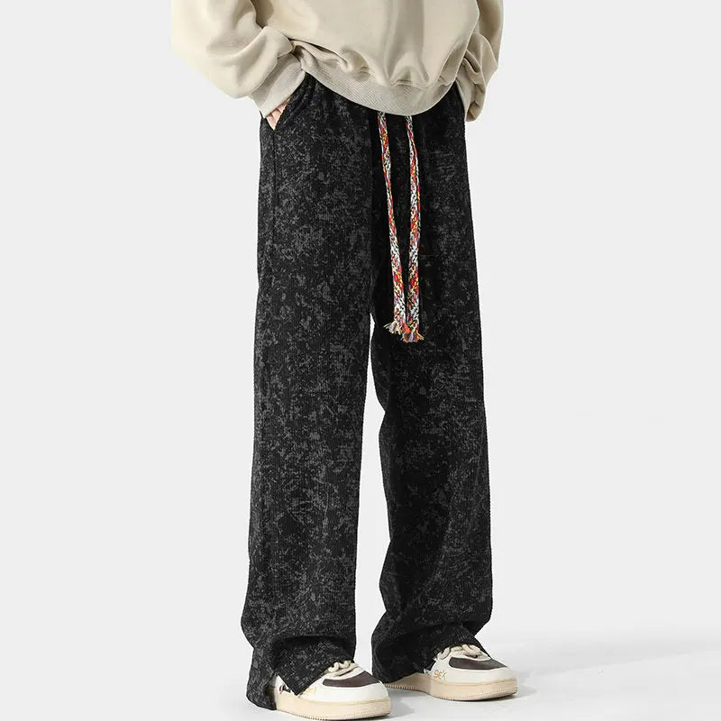 Acid wash unisex sweatpants loose wide leg split hem braided drawstring streetwear vintage retro