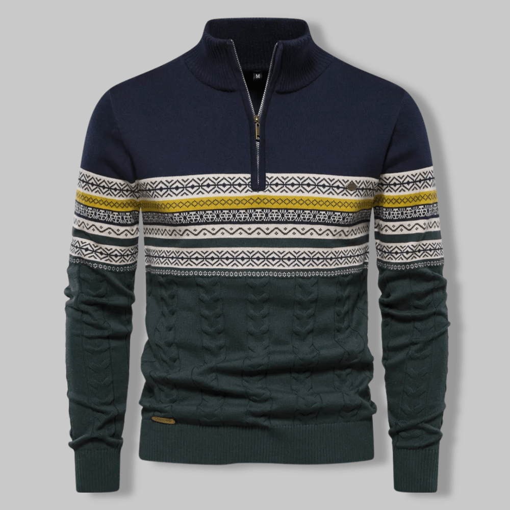 Men's Nordic pattern half-zip pullover sweater with stand collar, ribbed cuffs, cozy knit style