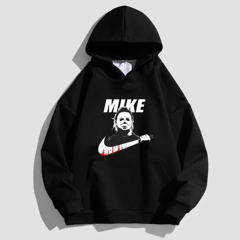 Men's oversized black fleece hoodie with bold Mike graphic print and premium durable stitching
