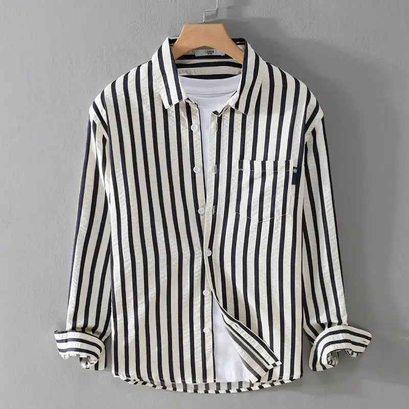 Women's relaxed fit vertical stripe blouse with classic shirt collar, lightweight breathable fabric