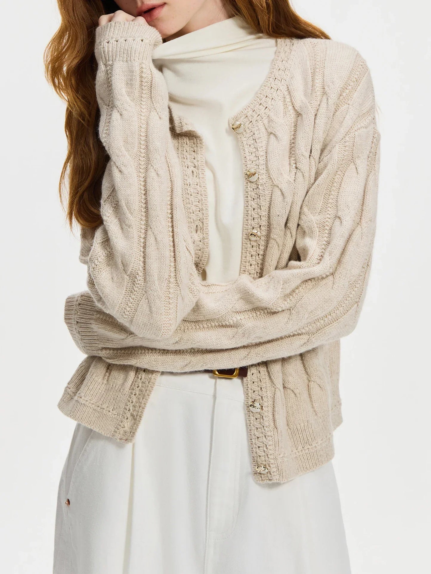 Women's cable knit cardigan sweater soft wool blend classic cut gold pearl buttons