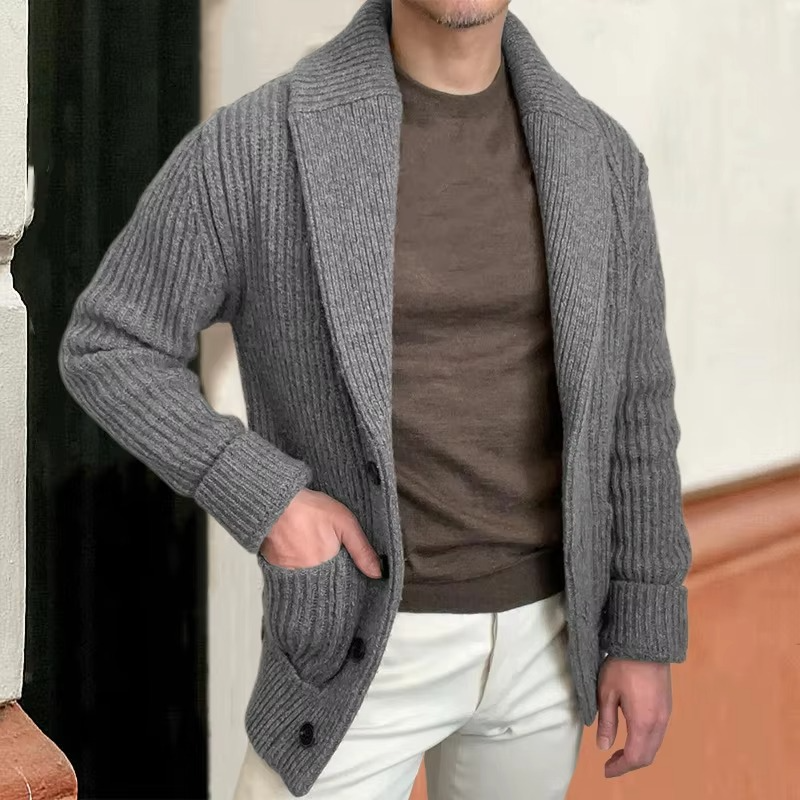 Men's vintage slim fit knitted cardigan jacket with shawl collar in warm neutral tones