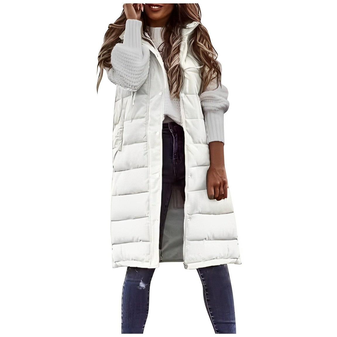 Women's long quilted sleeveless puffer vest neutral tone streamlined silhouette for layering