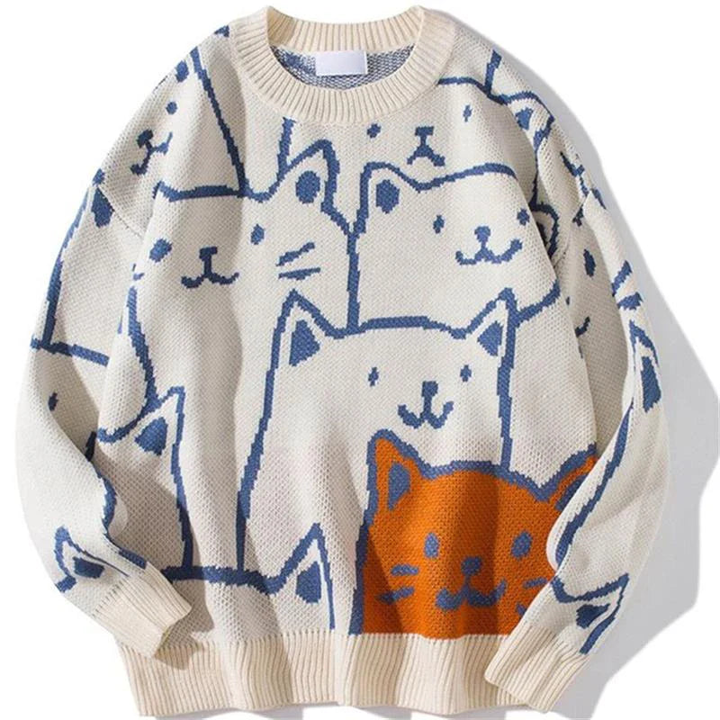 Soft knit crewneck sweater with bold cat motif graphic, relaxed fit, perfect for cat lovers
