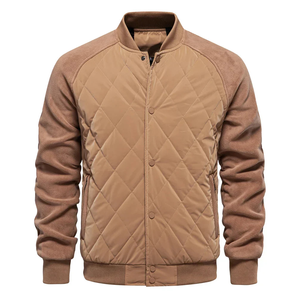 Unisex quilted bomber jacket diamond-stitched nylon front with contrast suede sleeves all-season style