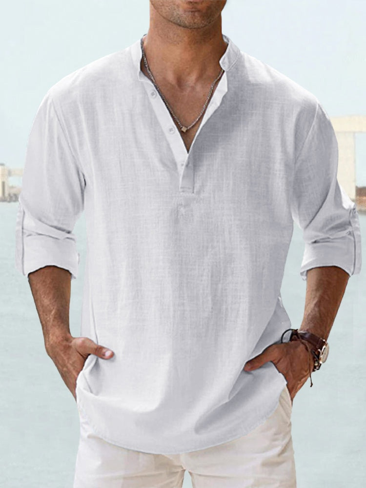 Men's relaxed fit grandad collar shirt long sleeves sustainable lightweight fabric casual style