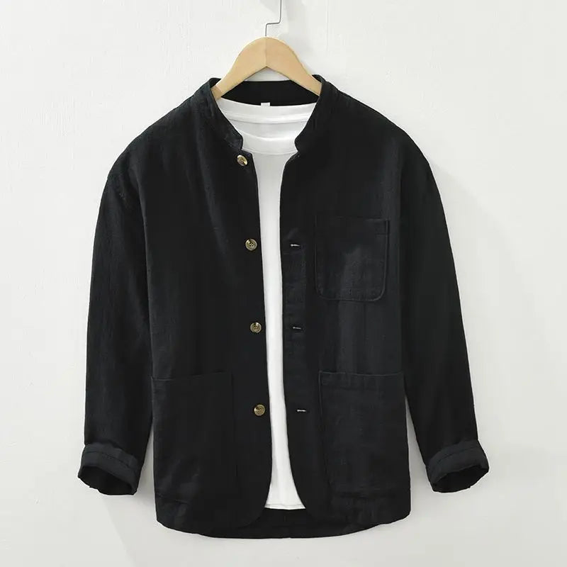 Minimalist cotton-linen long sleeve shirt with mandarin collar, patch pockets, relaxed fit