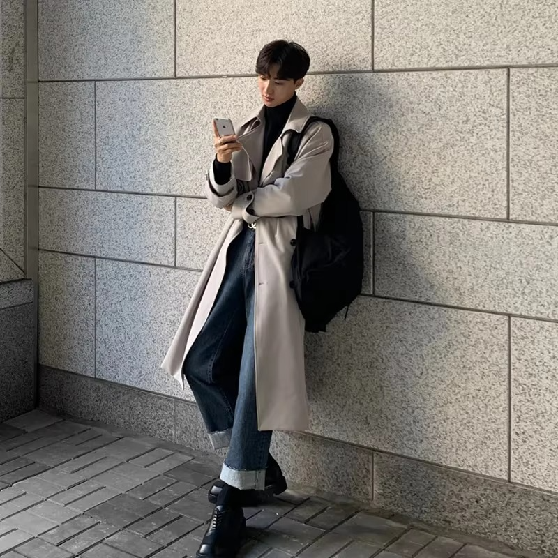 Men's long brown trench coat structured silhouette windproof polyester blend modern spring outerwear