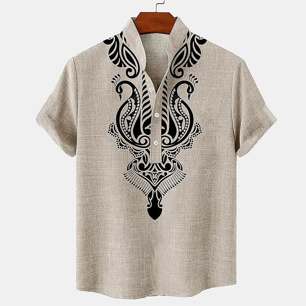 Blue relaxed-fit short-sleeve Hawaiian-inspired shirt with subtle crested motif print for travelers