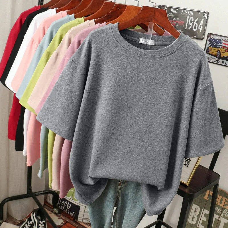 Plus size women's oversized cotton crew neck T-shirt with dropped shoulders in relaxed fit