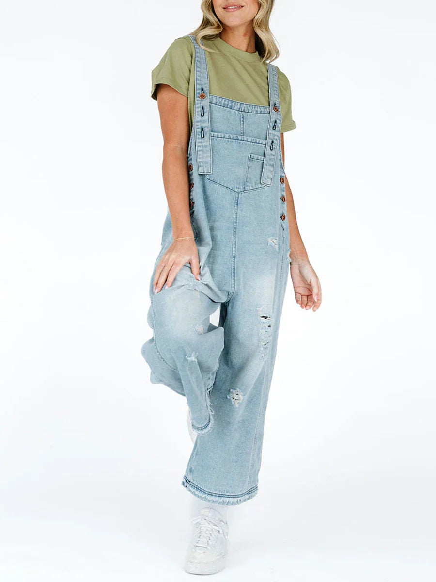 Hazel washed denim overalls women relaxed wide-leg fit adjustable straps raw-edge distressing