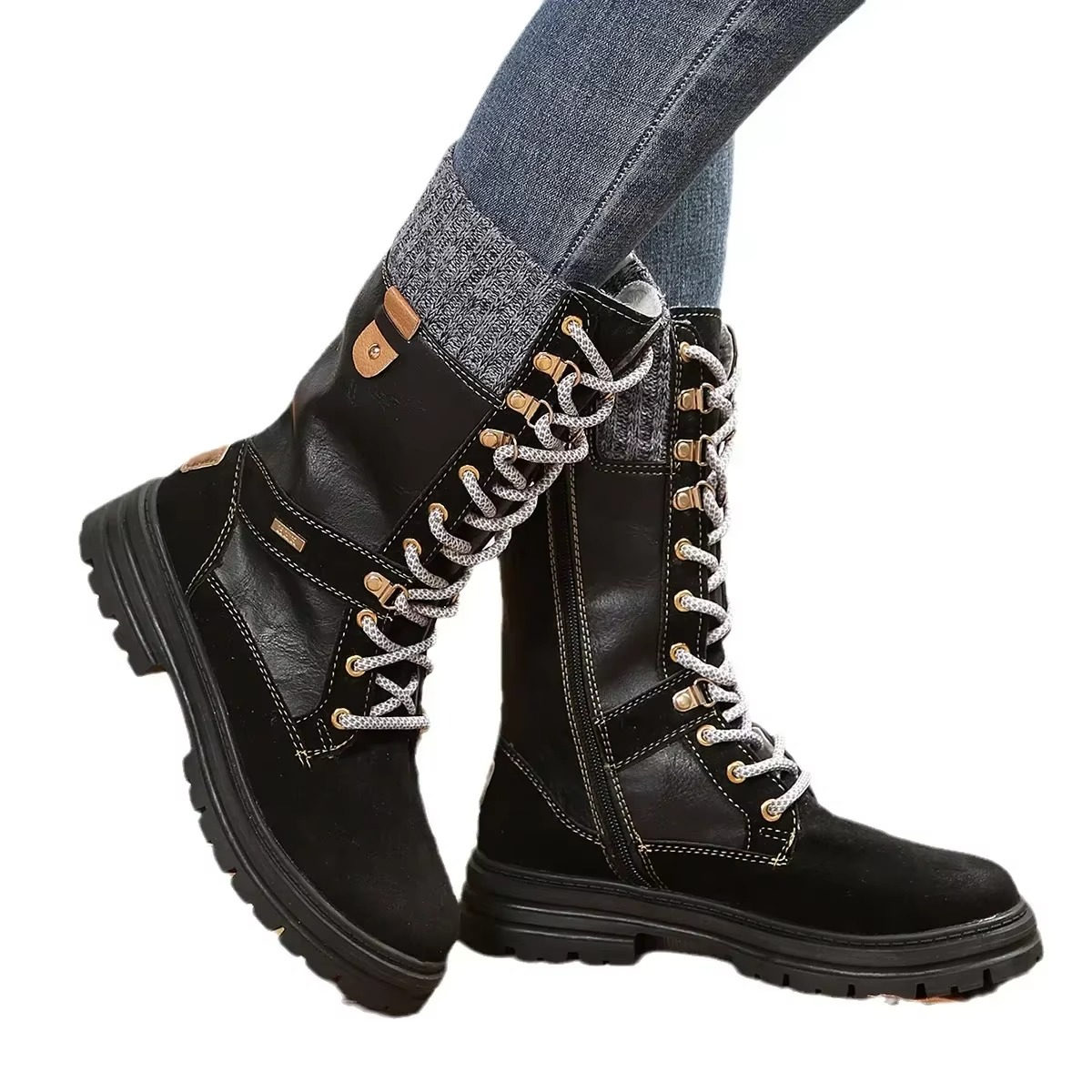 Women's retro lace-up mid-calf winter boots with plush lining, leather-like upper, vintage style