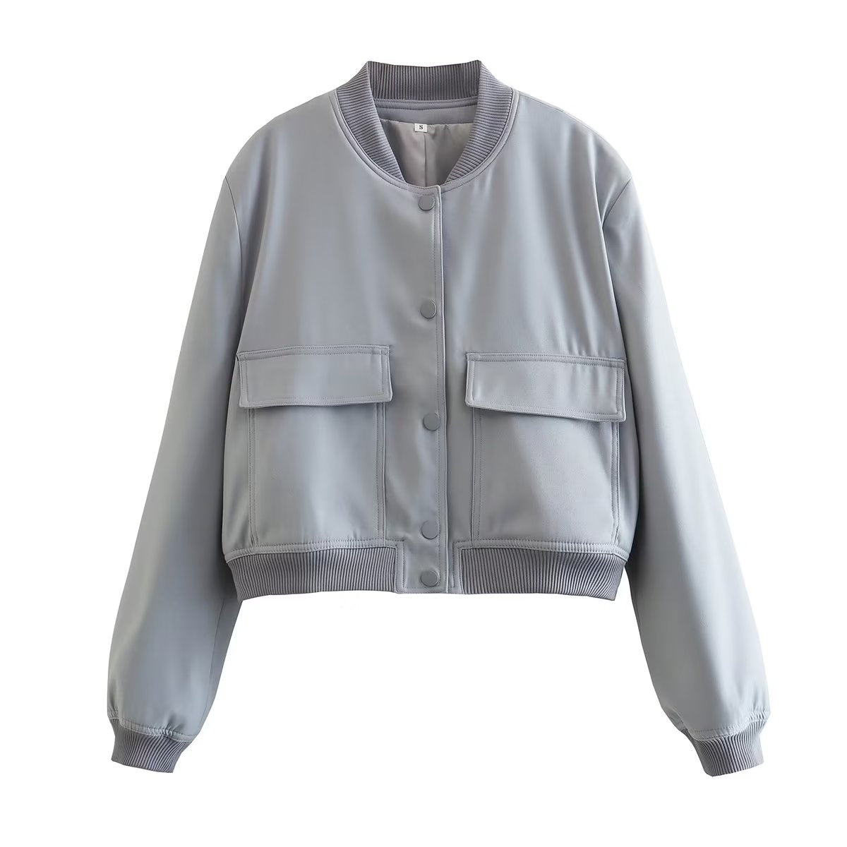 Women's cropped bomber jacket structured silhouette with oversized utility pockets for effortless layering