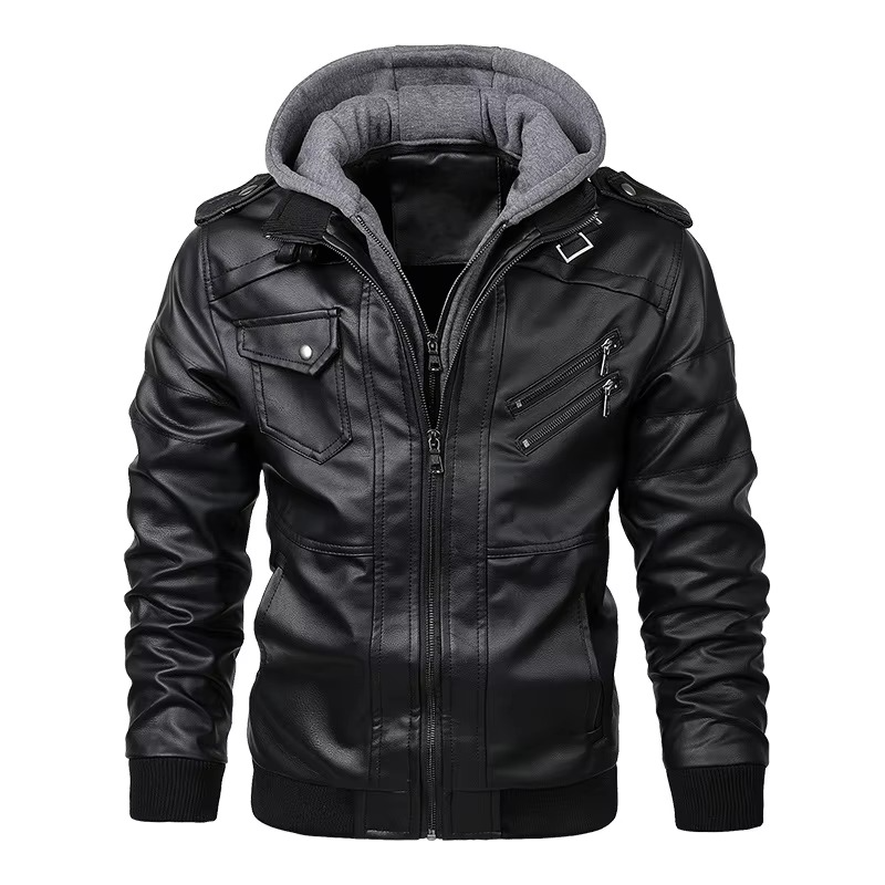 Men's black PU leather motorcycle jacket with removable hood, full-zip closure for urban riders