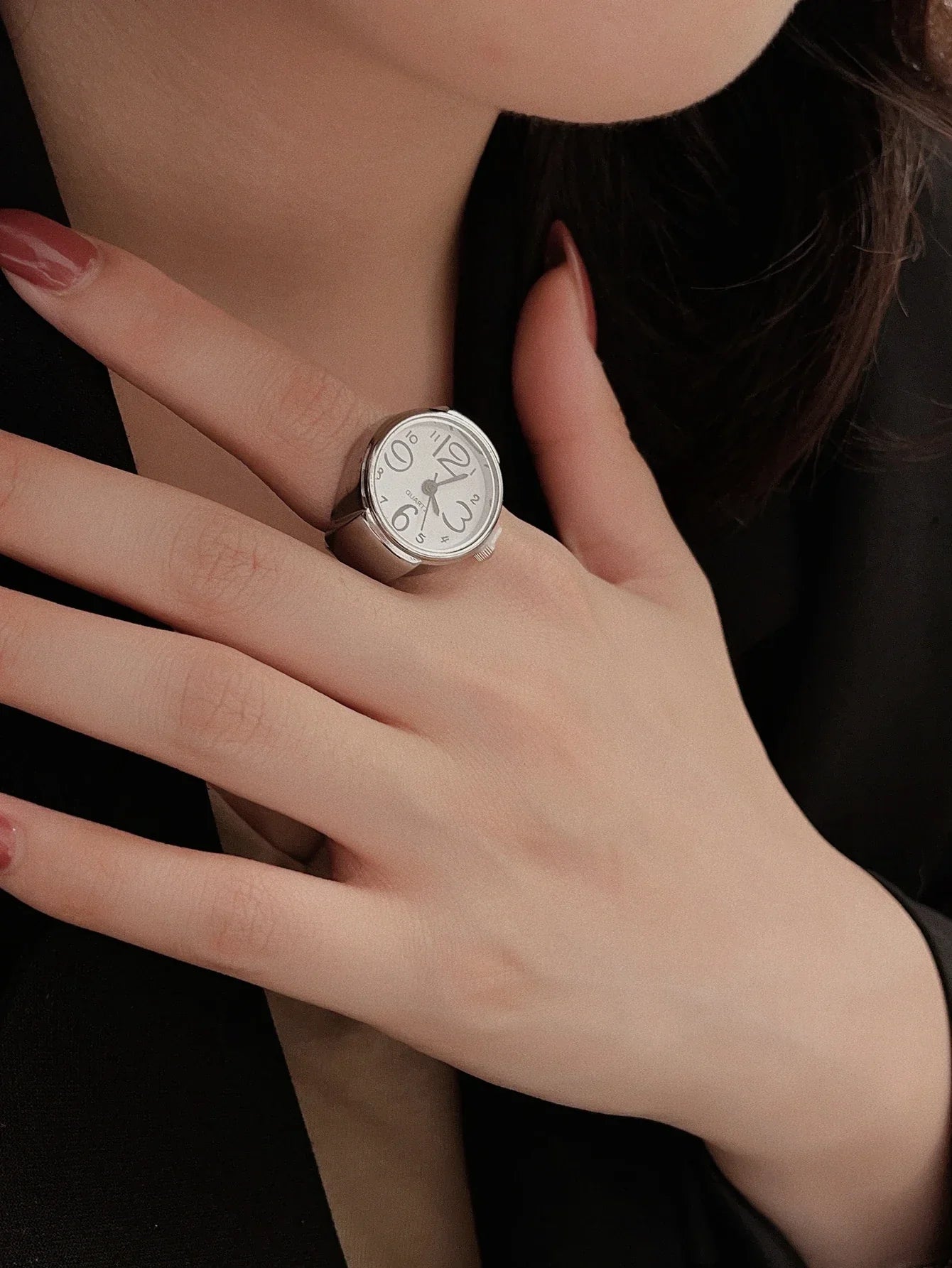 Women's ring watch gold-tone finger timepiece with minimalist dial, elegant statement jewelry accessory