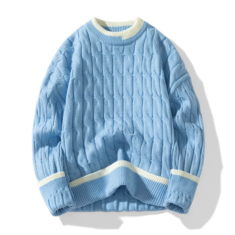 Unisex cable knit pullover sweater with patchwork design in neutral tones, relaxed fit cozy layering piece