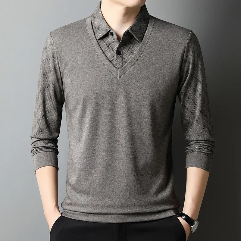 Men's navy blue 2-in-1 long sleeve polo shirt with built-in knit-sweater layered look