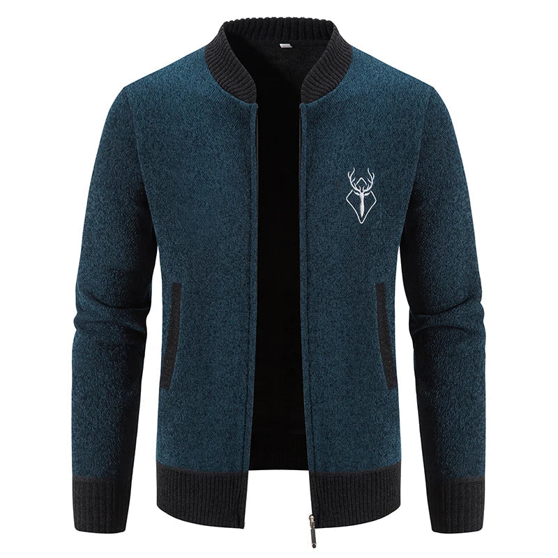 Men's navy blue knit bomber jacket with full zip closure, ribbed trim, and subtle chest emblem