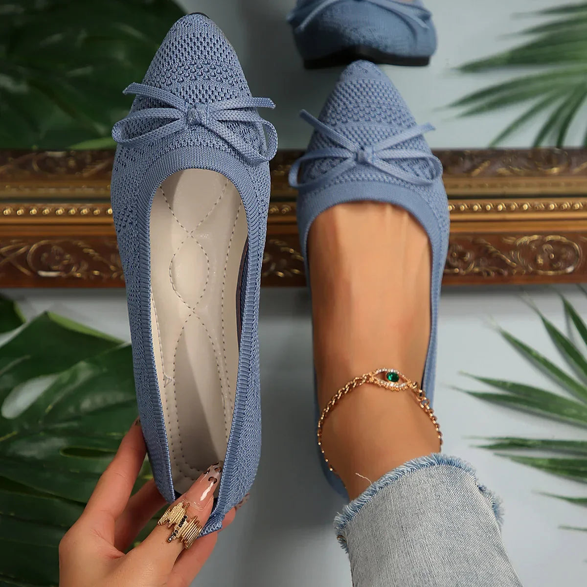 Women's knit flats with tassel bow detail, lightweight breathable mesh upper, casual chic style