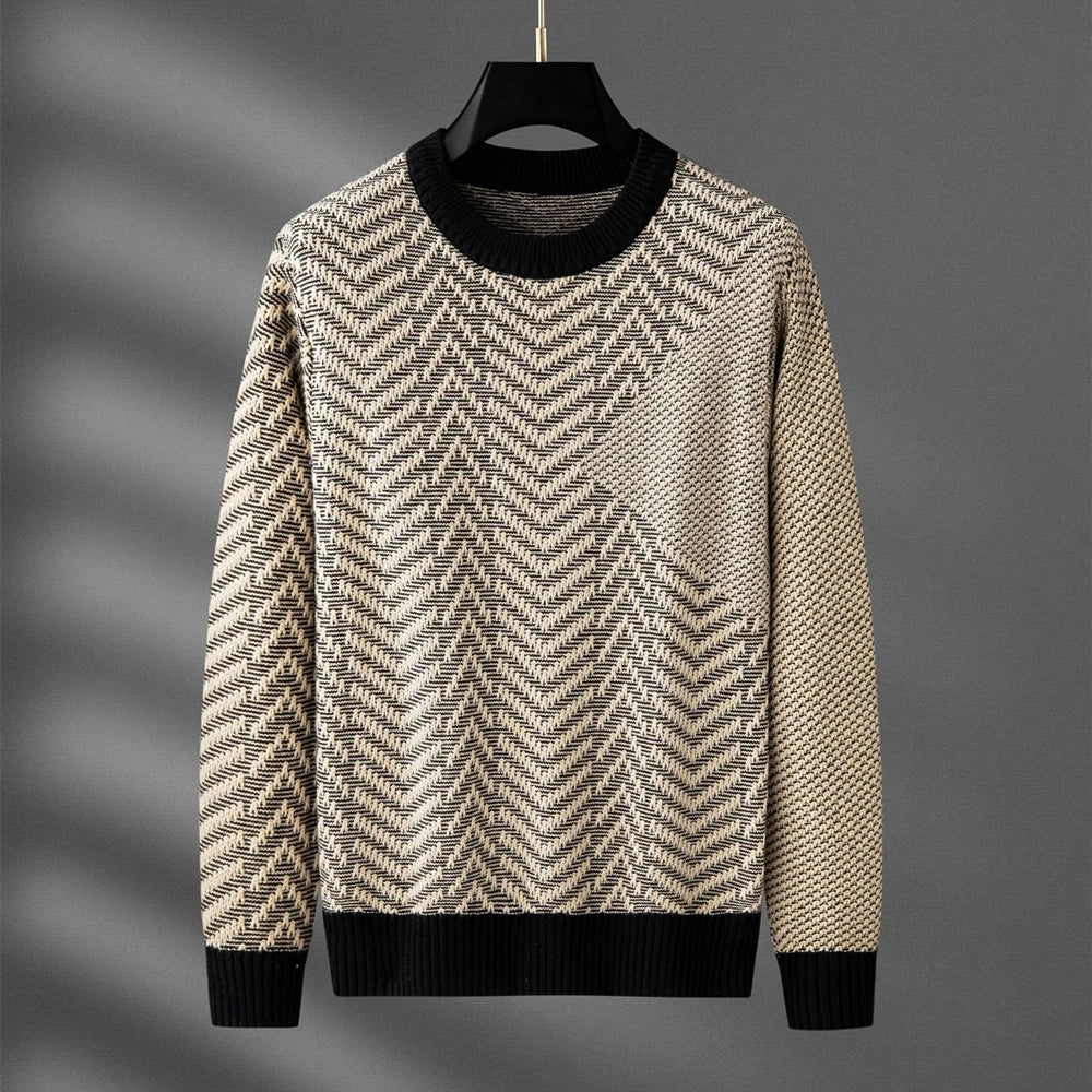 Beige textured chevron knit sweater with ribbed cuffs, casual yet sophisticated everyday style