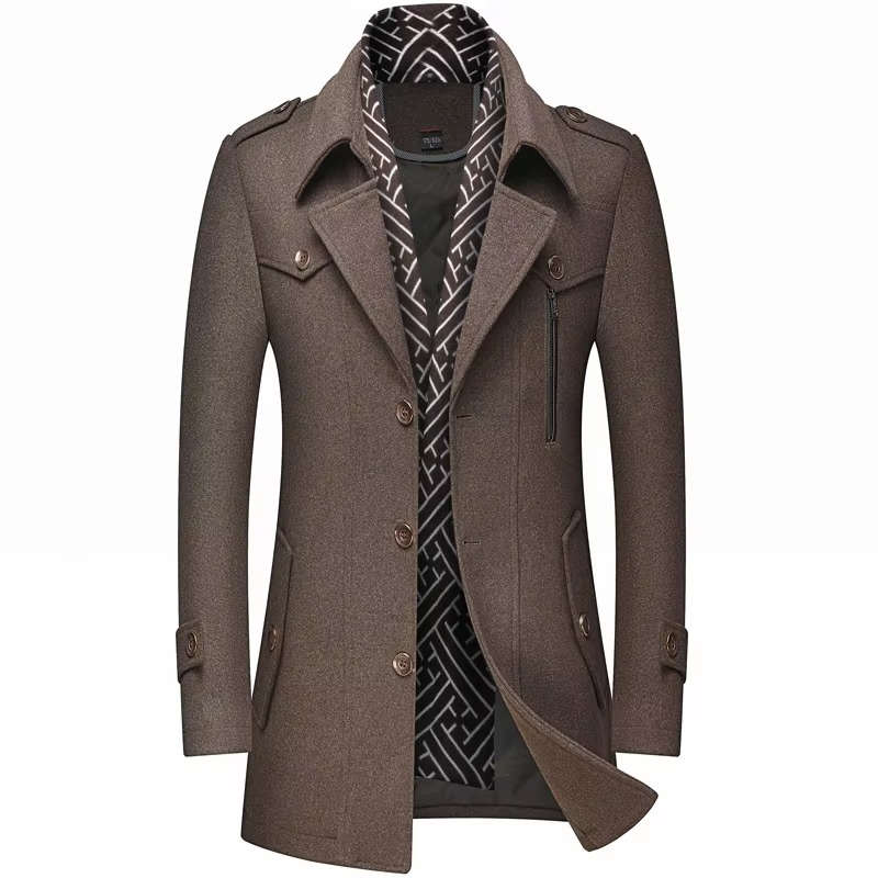 Men's charcoal wool blend mid-length winter overcoat with padded insulation and scarf collar