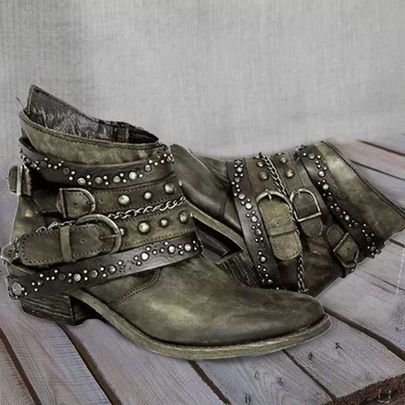 Women's western ankle boots PU leather low heel with buckle and chain details fashion forward style