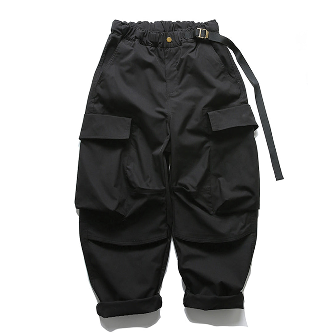 Olive cargo trousers with adjustable drawcord waist, multi-pocket design, durable cotton-poly blend trek pants