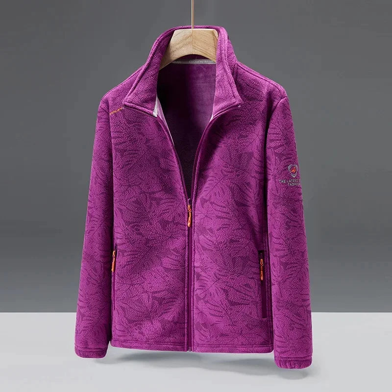 Men's plush fleece jacket in textured pattern with high collar and zip pockets for warmth