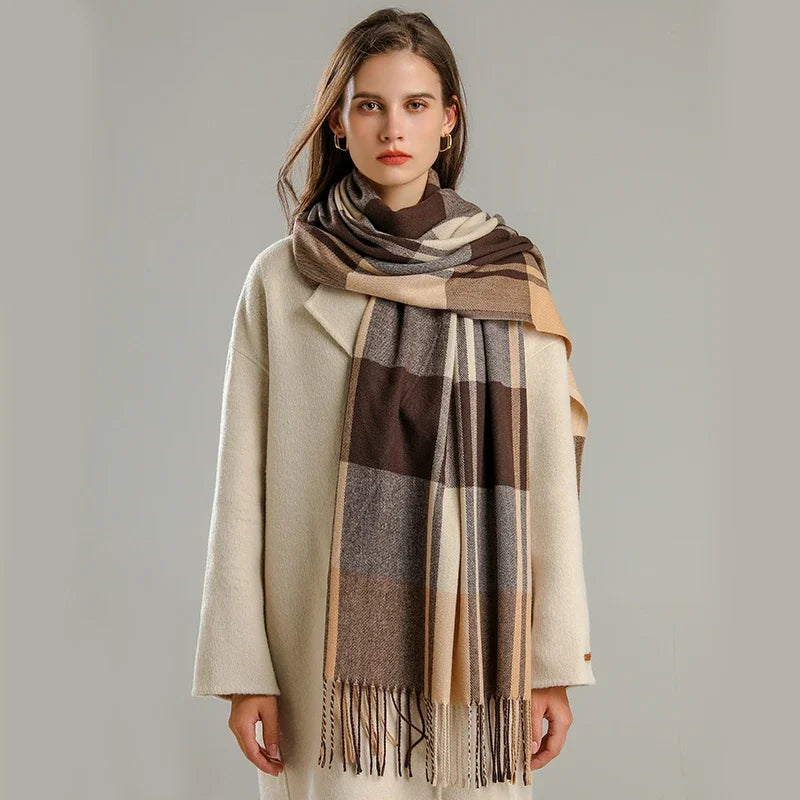 Darla plaid cashmere scarf for women, lightweight cozy wrap with fringed edges