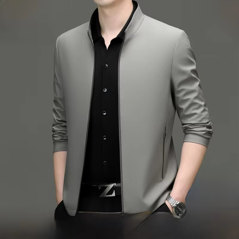 Men's silk blend loose fit jacket with straight hemline in versatile polished style for effortless layering