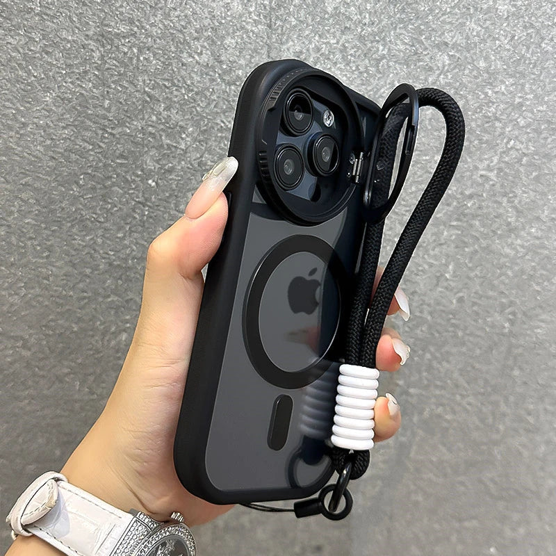 Rugged paracord iPhone case with ergonomic wrist strap, foldable lens stand, MagSafe compatible