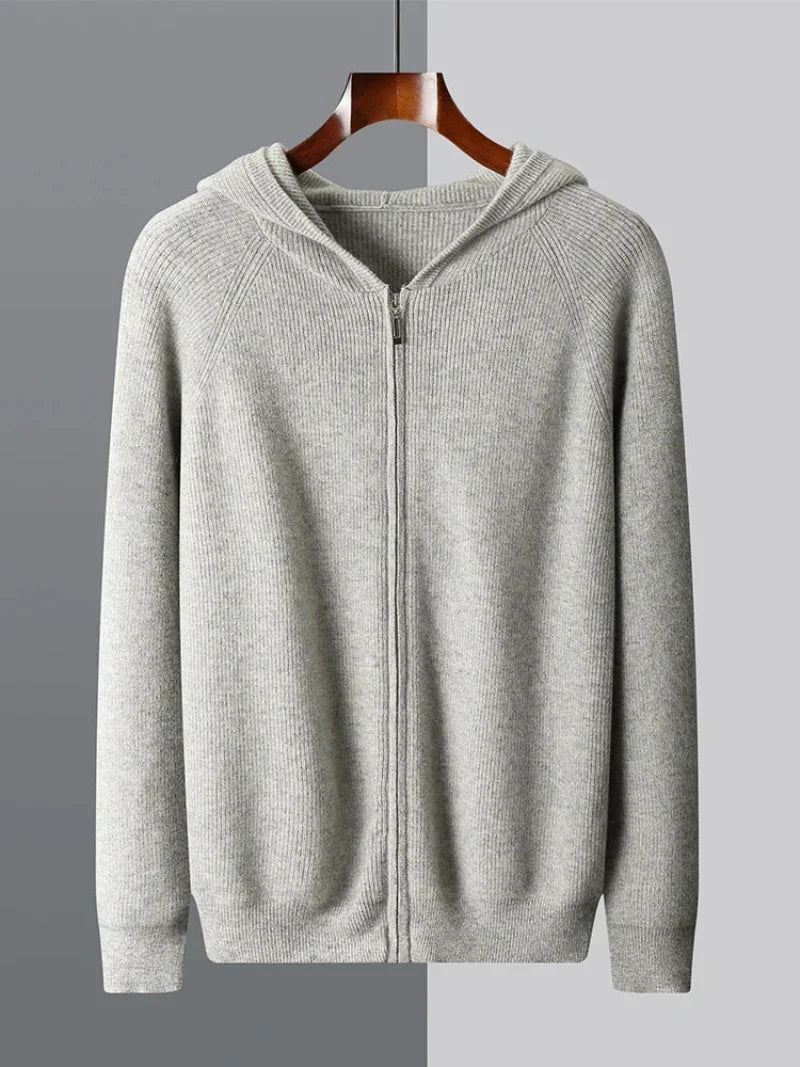 Men's charcoal heavyweight 100% wool zip-up hoodie with minimalist knit design and full-length zipper