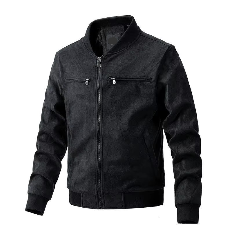 Men's brown suede jacket stand collar zip front slim fit lightweight cotton-lined smart-casual layer