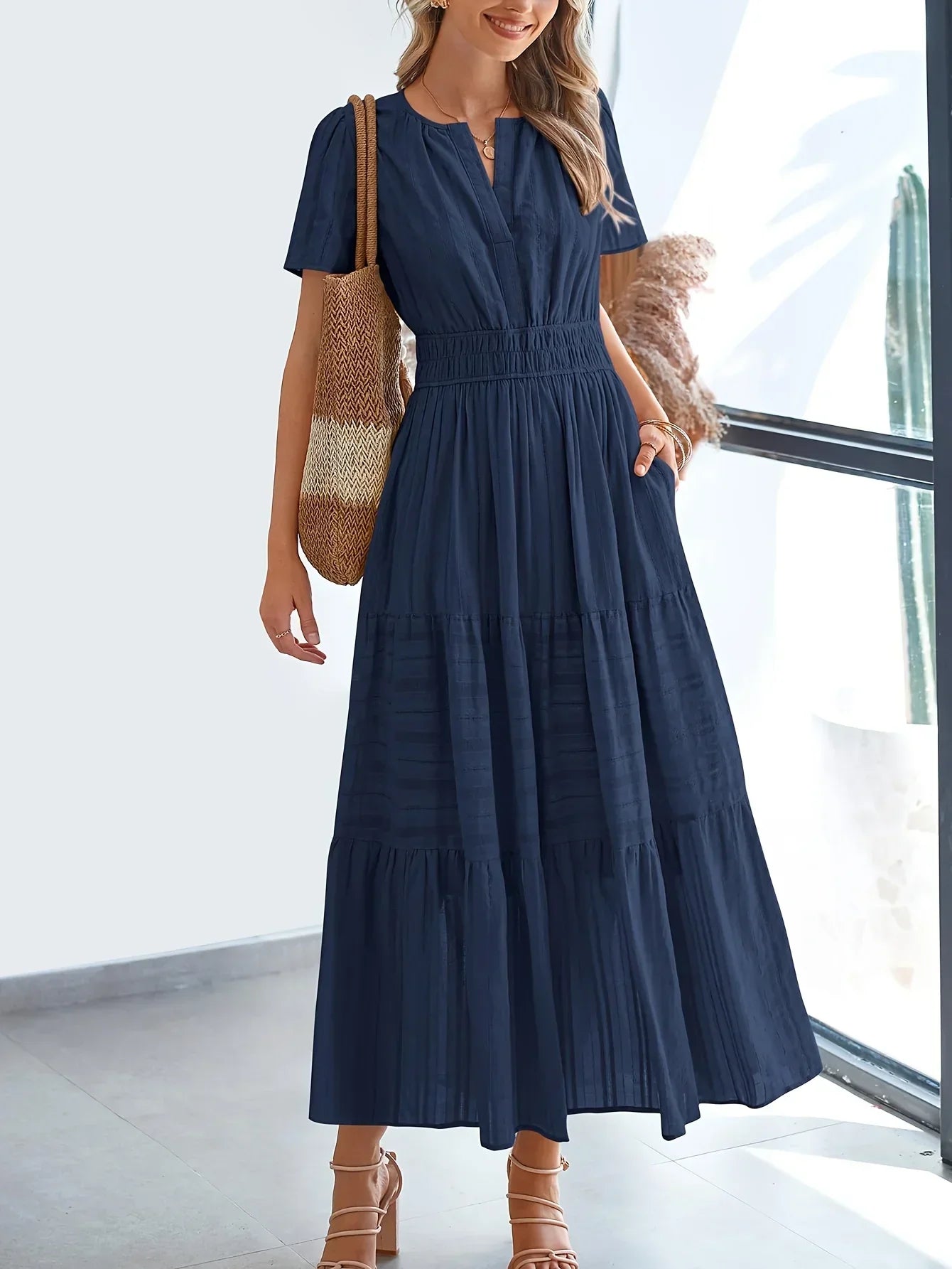 Nevaeh modest maxi dress women floral breathable floor-length short sleeves V-slit neckline summer