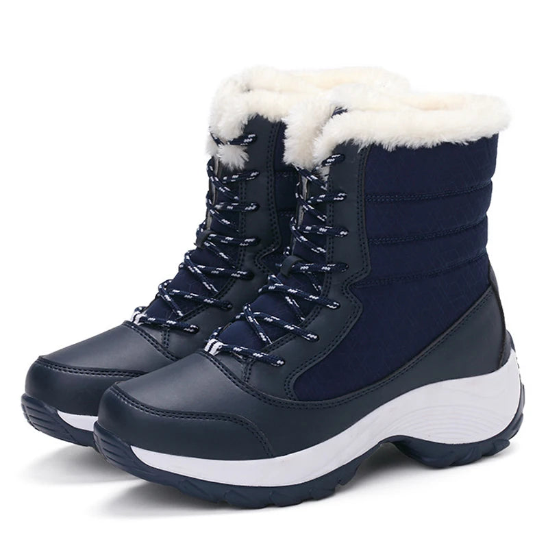 Women's mid-calf lace-up snow boots with faux fur lining, water-resistant platform, winter style