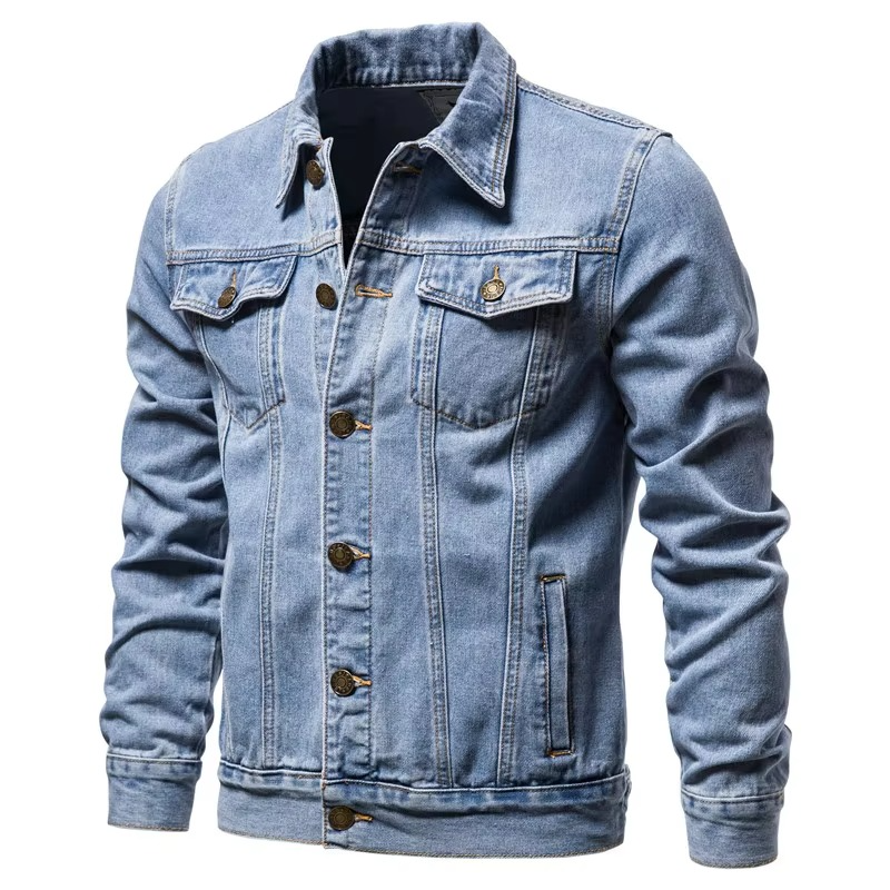 Men's slim fit vintage washed denim jacket with motorcycle-inspired details in classic blue