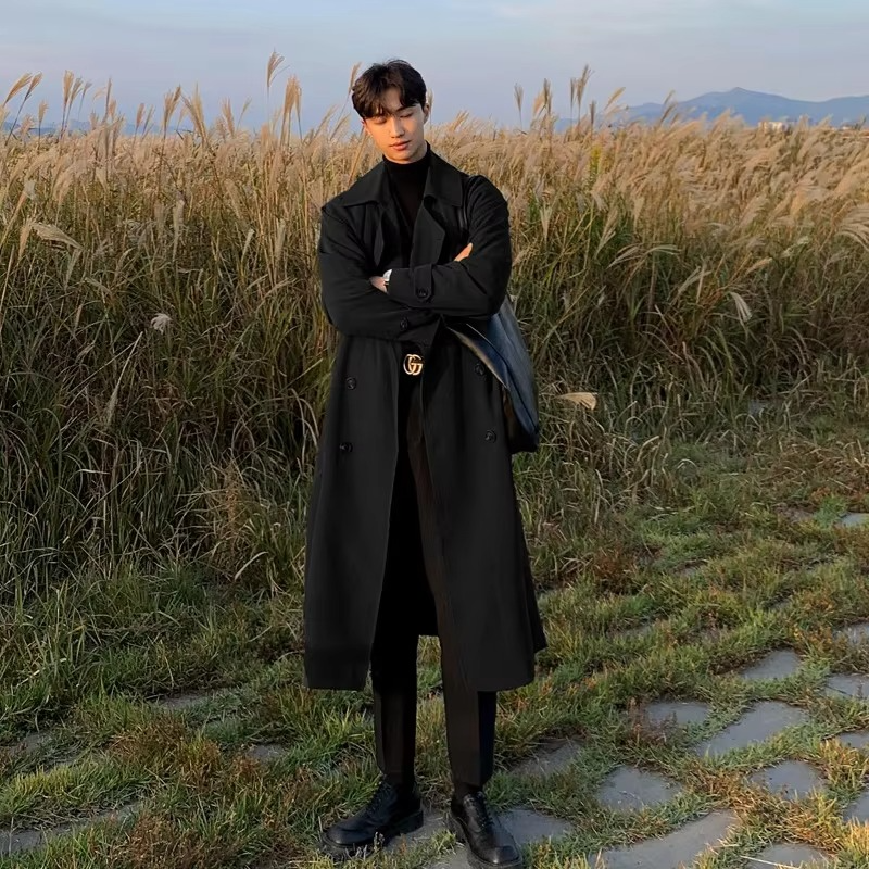 Men's long trench coat warm brown structured silhouette lightweight spring outerwear modern fit