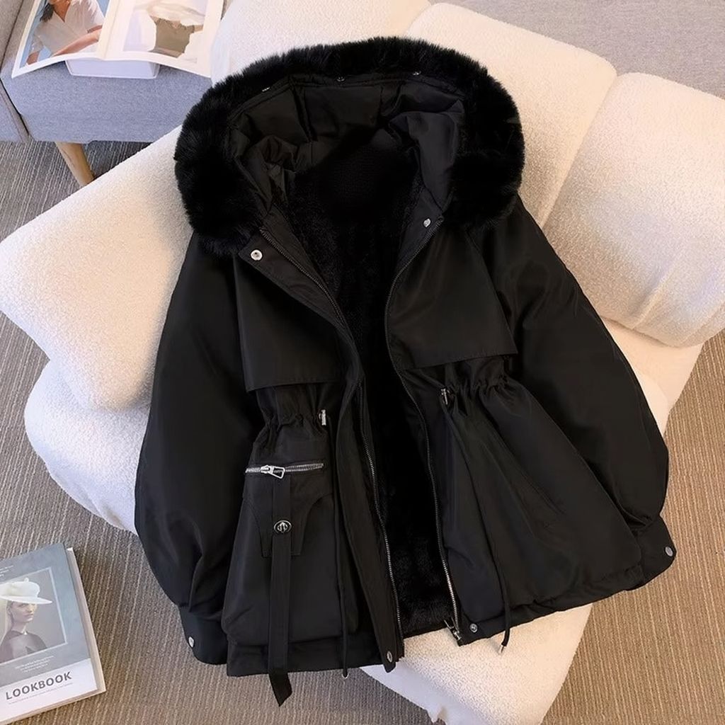 Women's fleece-lined down parka, weatherproof drawstring hood, padded quilted shell, slim winter coat