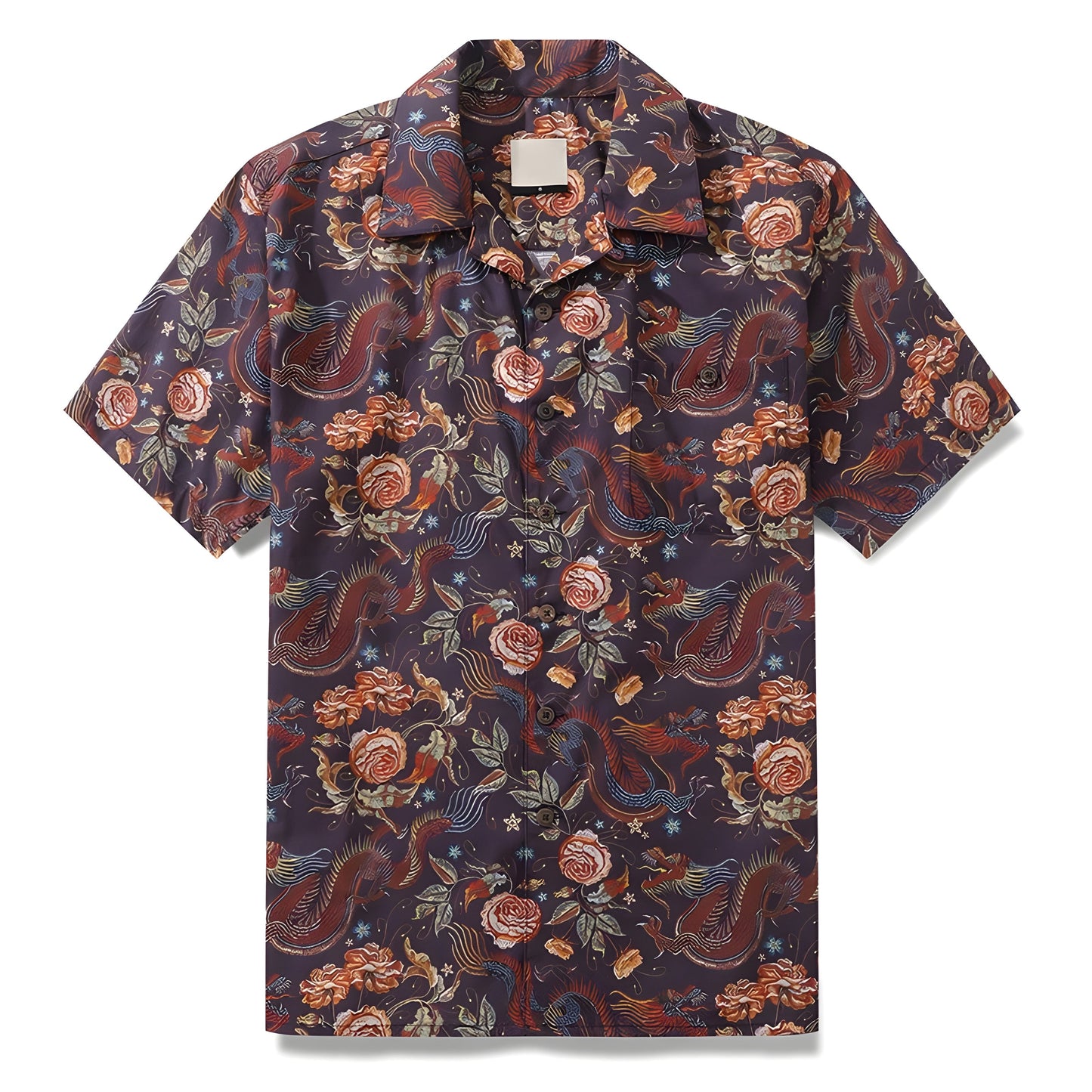 Men's white cotton dragon print shirt relaxed fit with bold Eastern motif and turn-down collar