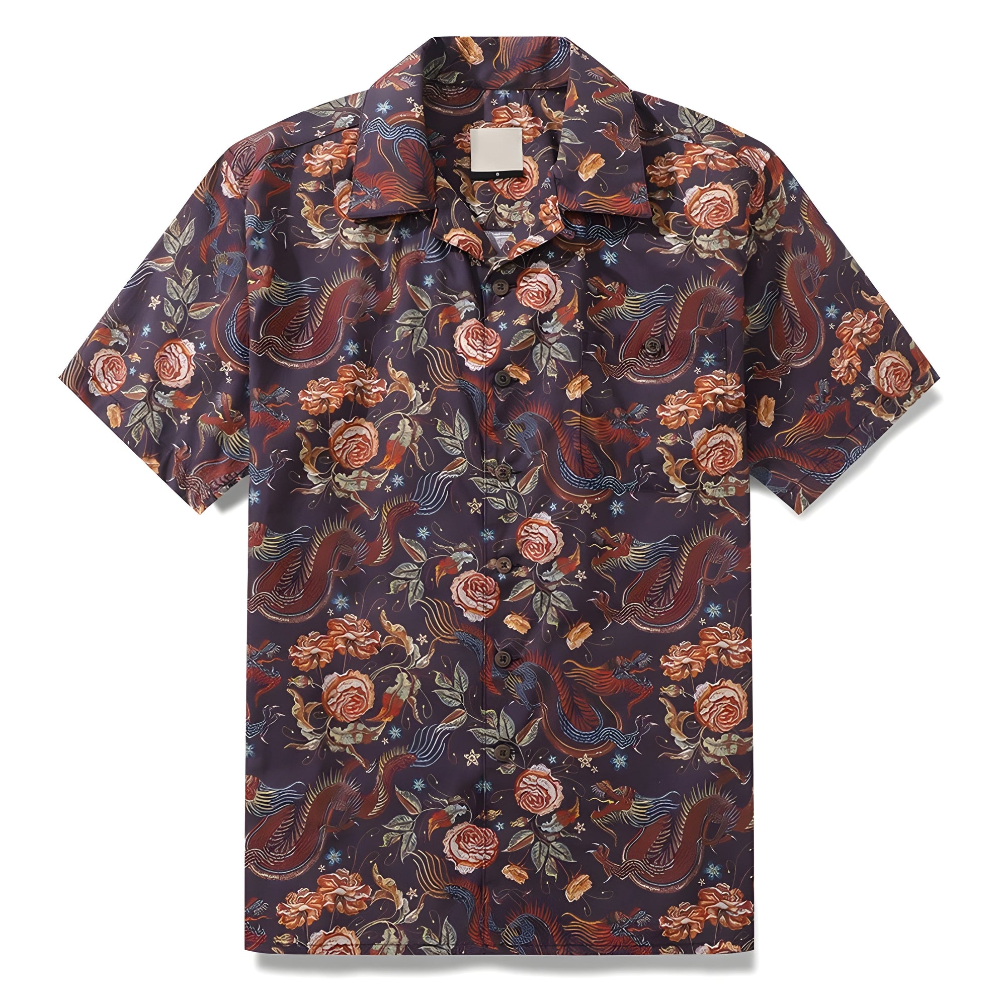 Men's white cotton dragon print shirt relaxed fit with bold Eastern motif and turn-down collar