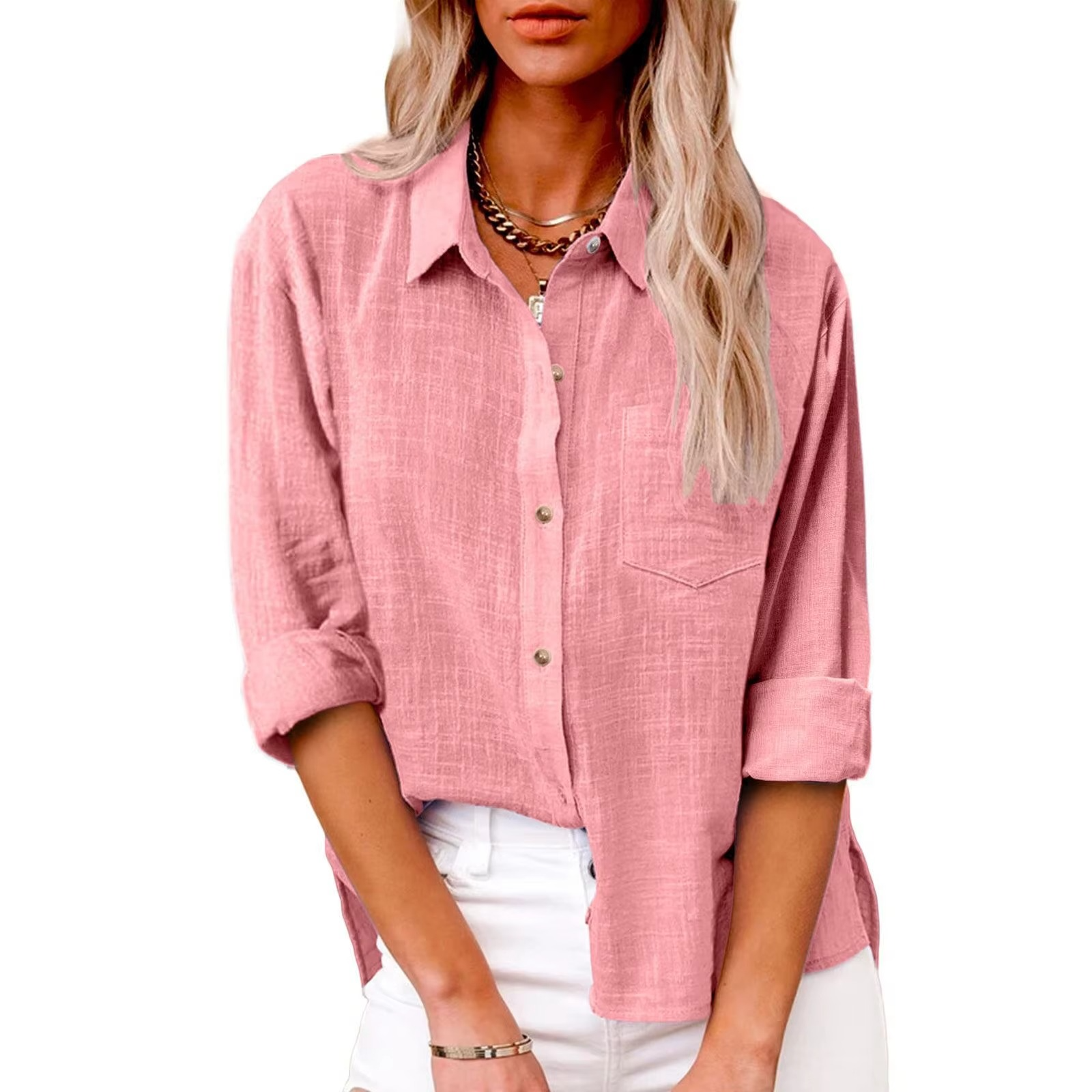 Women's cotton linen long sleeve casual blouse, breathable lightweight spring top with relaxed fit