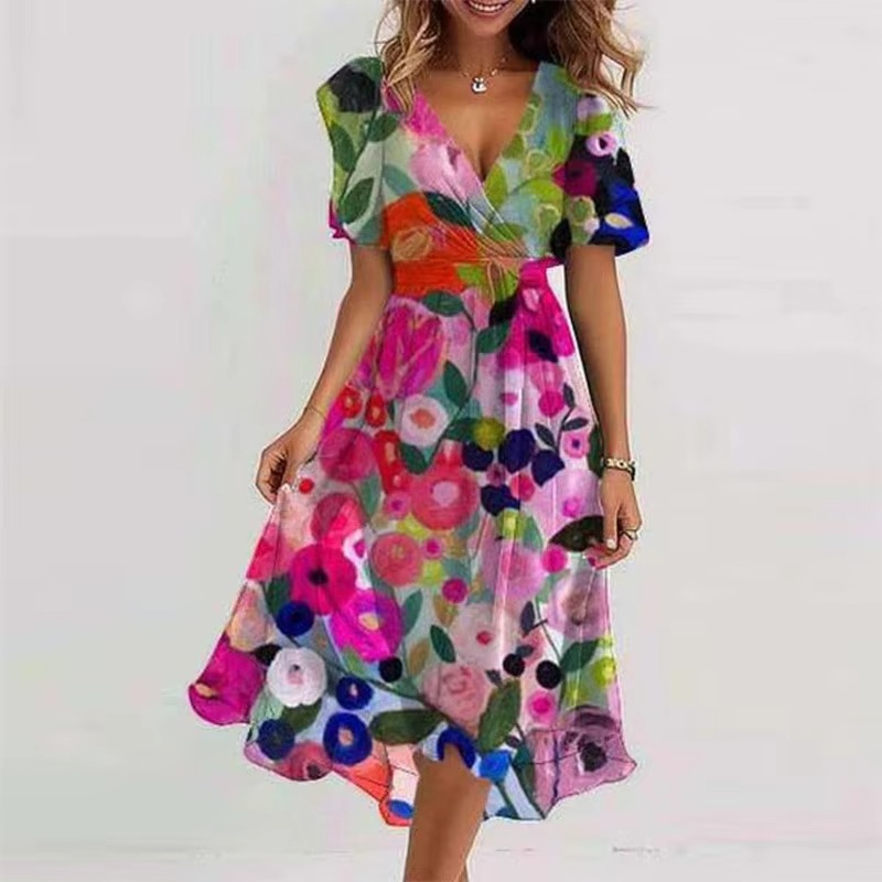 Women's floral print V-neck loose fit summer dress with short sleeves, breathable lightweight fabric