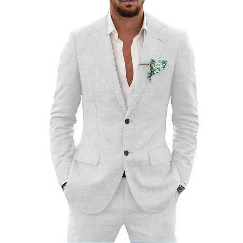 Men's slim fit two-piece wedding suit in navy peaked lapel jacket and matching trousers