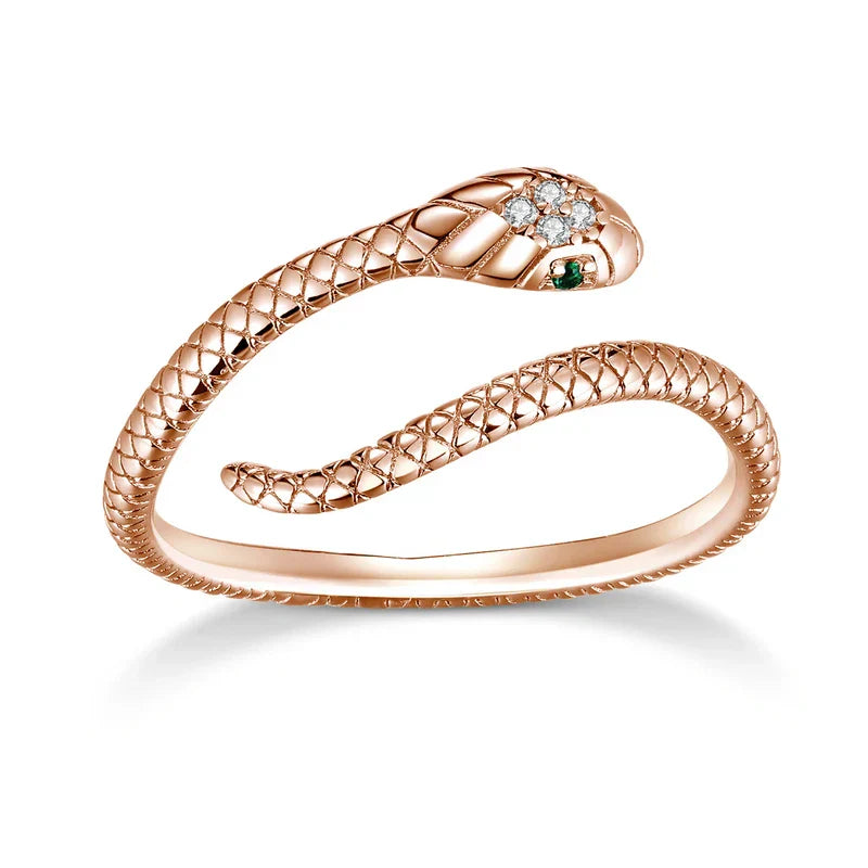 Sterling silver adjustable serpent ring platinum-plated with green zircon eye bold gothic statement jewelry