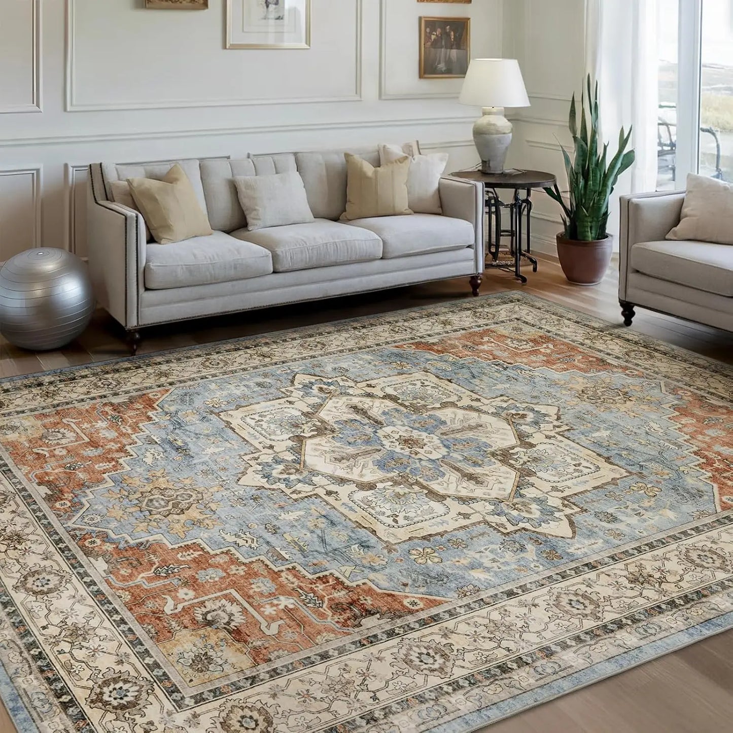 Blue white Persian geometric floral non-slip area rug with elegant classic pattern for living room