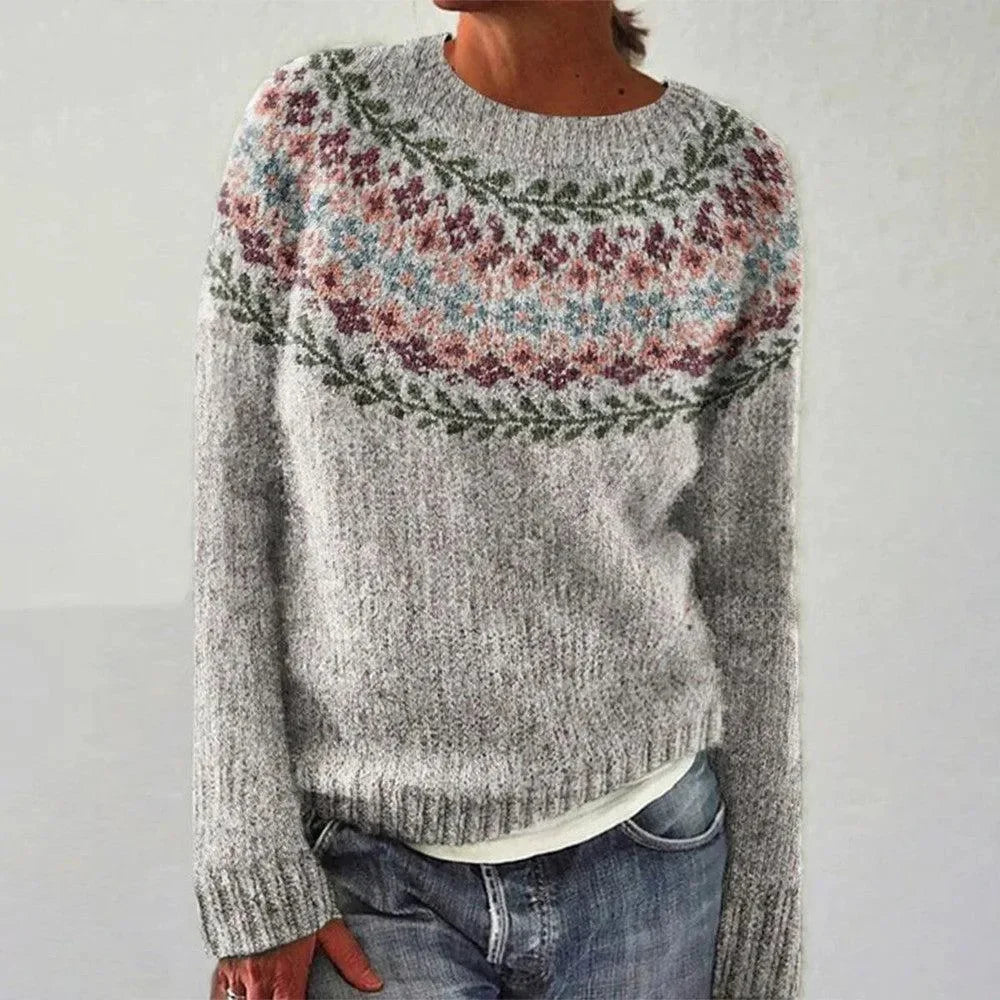 Women's cozy floral knit pullover sweater in blue, green, pink with round neckline, long-sleeve winter style